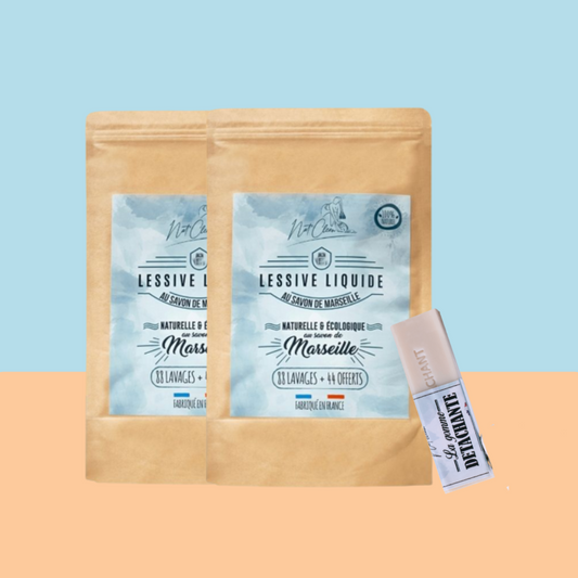Pack recharge (soit environ 6 mois) = 132 lavages X2 (= 264 lavages) + 1 gomme détachante